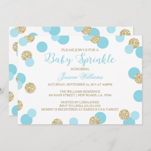 Blauwe en goudglitter Baby Sprinkle-uitvindingen Kaart (Voorkant / Achterkant)