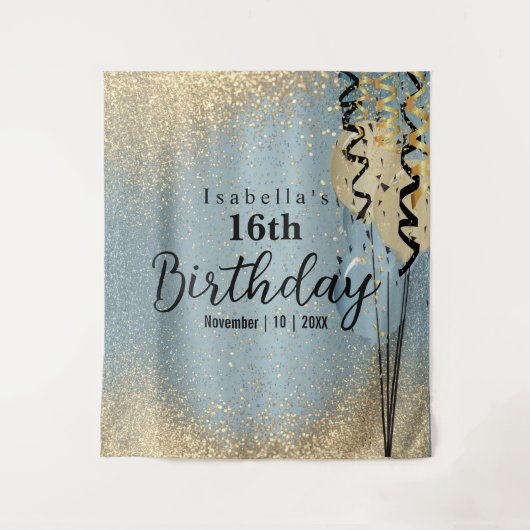 Blauwe en goudglitter Birthday Tapestry Wandkleed (Voorkant)