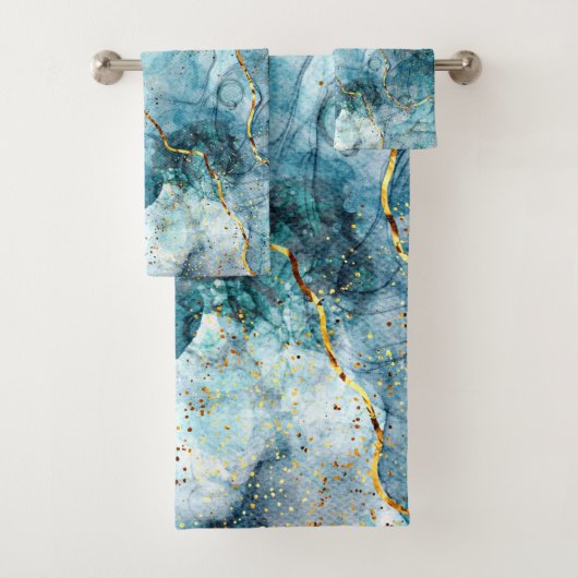 Blauwe en goudglittermarmer bad handdoek (Insitu)