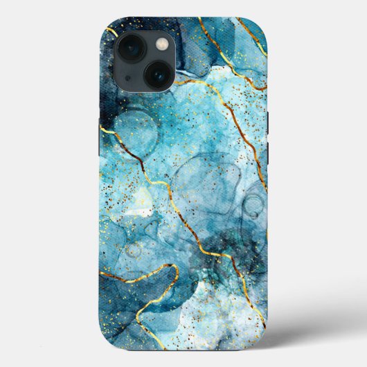 Blauwe en goudglittermarmer Case-Mate iPhone case (Achterkant)