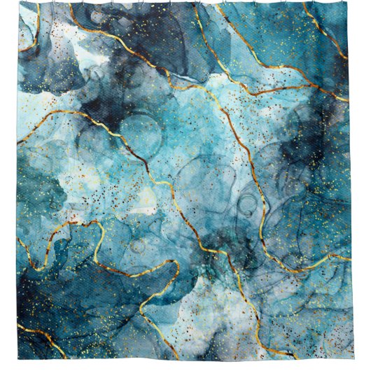 Blauwe en goudglittermarmer douchegordijn (Voorkant)