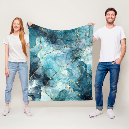 Blauwe en goudglittermarmer fleece deken (In situ)