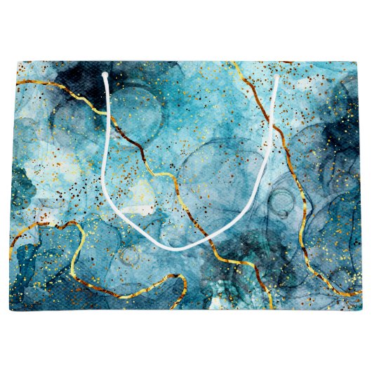 Blauwe en goudglittermarmer groot cadeauzakje (Voorkant)