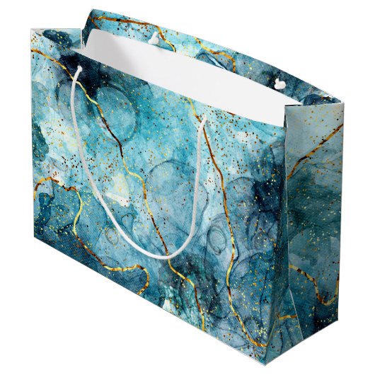 Blauwe en goudglittermarmer groot cadeauzakje (Achterkant Gekanteld)