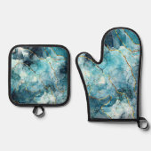 Blauwe en goudglittermarmer ovenwant & pannenlap set (Voorkant)