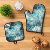 Blauwe en goudglittermarmer ovenwant & pannenlap set (Top down)