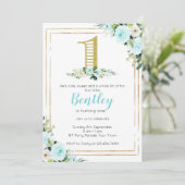 Blauwe en goudjongens 1e verjaardag kaart (Staand voorkant)