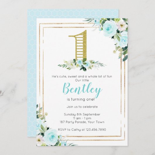 Blauwe en goudjongens 1e verjaardag kaart (Voorkant / Achterkant)