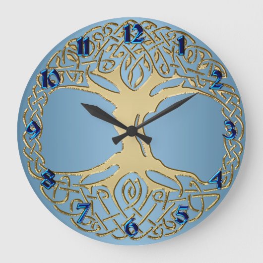 Blauwe en goudKeltische Knot Tree of Life Clock Grote Klok (Voorkant)