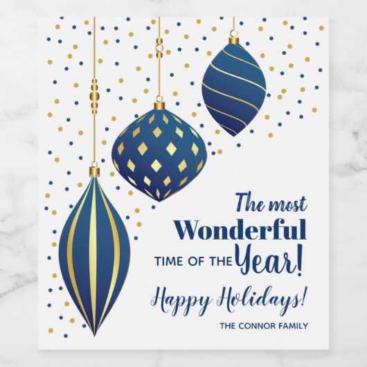 Blauwe en goudkerstversieringen en Stippen Wijn Etiket (Enkel label)