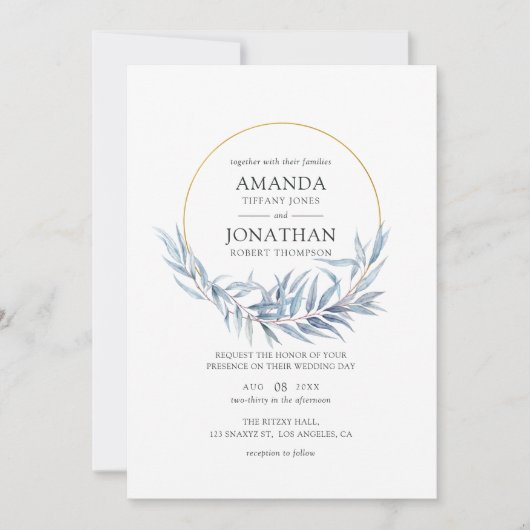 Blauwe en goudkleurige Eucalyptusbladeren Weddensc Kaart (Voorkant)