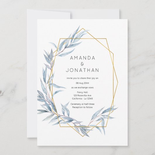 Blauwe en goudkleurige Eucalyptusbladeren Weddensc Kaart (Voorkant)