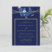 Blauwe en goudkleurige Floral Wedding Kaart (Staand voorkant)