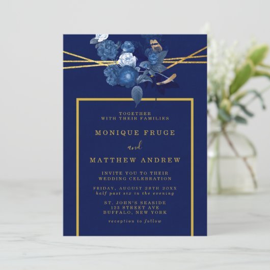 Blauwe en goudkleurige Floral Wedding Kaart (Staand voorkant)