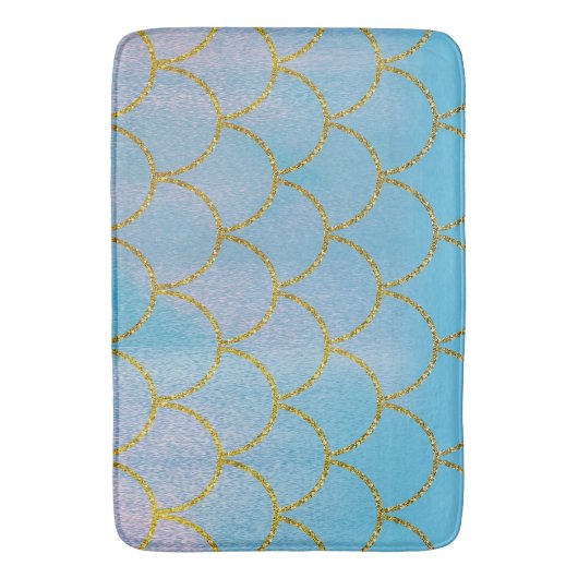 Blauwe en goudkleurige Shimmer Mermaid Scales Badmat (Voorkant Verticaal)