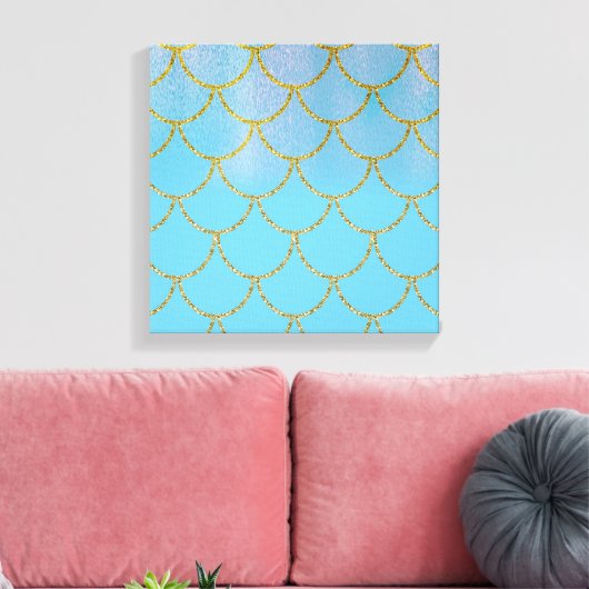 Blauwe en goudkleurige Shimmer Mermaid Scales Canvas Afdruk (Insitu (Woonkamer))