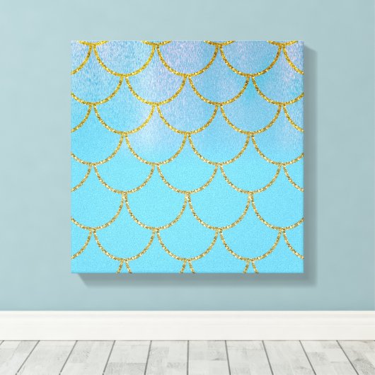 Blauwe en goudkleurige Shimmer Mermaid Scales Canvas Afdruk (Insitu (Houten vloer))