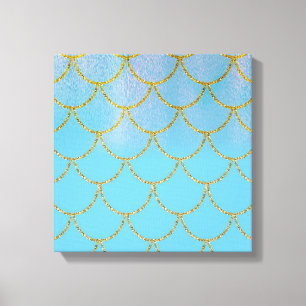 Blauwe en goudkleurige Shimmer Mermaid Scales Canvas Afdruk