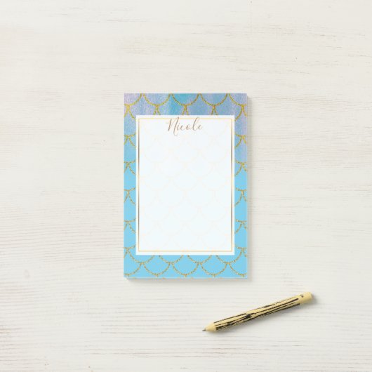 Blauwe en goudkleurige Shimmer Mermaid Scales Post-it® Notes (Op bureau)