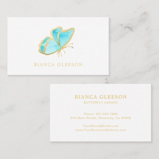 Blauwe en goudlegante vlinder visitekaartje (Voorkant / Achterkant)