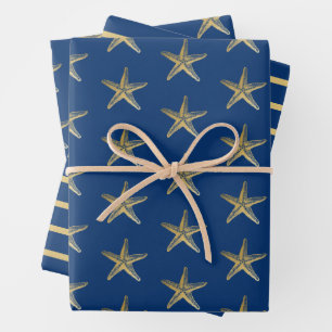 Blauwe en goudmakreel Nautical Stripe Inpakpapier Vel