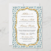 Blauwe en goudMarokkaanse Tegel Islamic Wedding Kaart (Voorkant)