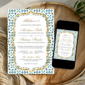 Blauwe en goudMarokkaanse Tegel Islamic Wedding Kaart