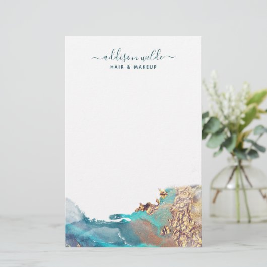 Blauwe en goudmatige kunst Vloeibare Waterverf Ink Briefpapier (Staand voorkant)