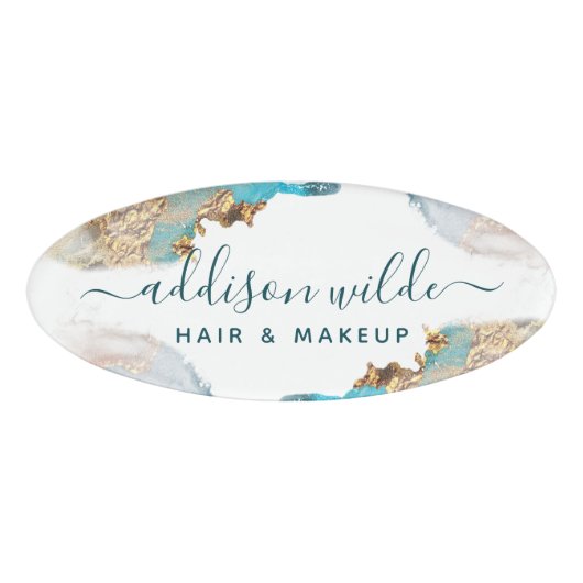 Blauwe en goudmatige kunst Vloeibare Waterverf Ink Naambadge (Voorkant)