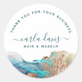 Blauwe en goudmatige kunst Vloeibare Waterverf Ink Ronde Sticker (Voorkant)