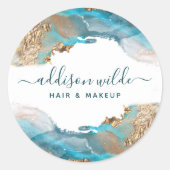 Blauwe en goudmatige kunst Vloeibare Waterverf Ink Ronde Sticker (Voorkant)