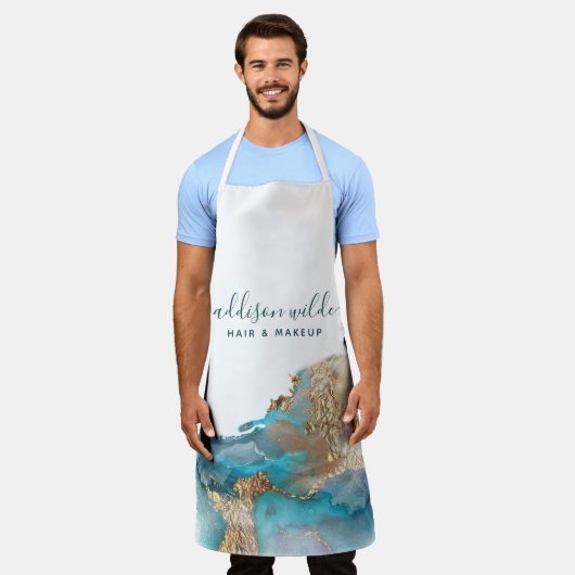 Blauwe en goudmatige kunst Vloeibare Waterverf Ink Schort (Gedragen)