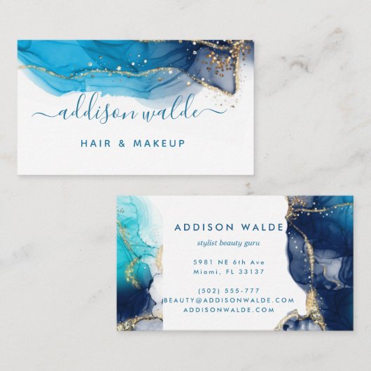 Blauwe en goudmatige kunst Vloeibare Waterverf Ink Visitekaartje (Voorkant / Achterkant)