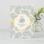 Blauwe en goudpaisley islamitische bruiloft kaart (Staand voorkant)