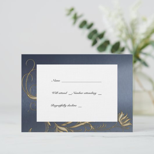 Blauwe en goudplatte  kreeften met enveloppen RSVP kaartje (Staand voorkant)