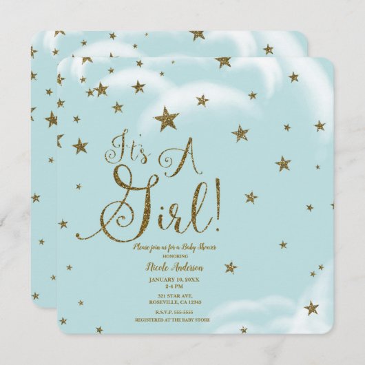 Blauwe en goudstaren Het is een meisje Baby shower Kaart (Voorkant / Achterkant)