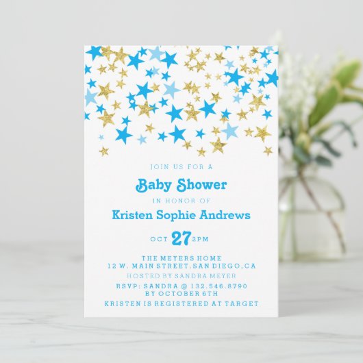 Blauwe en goudsterren Baby shower Kaart (Staand voorkant)