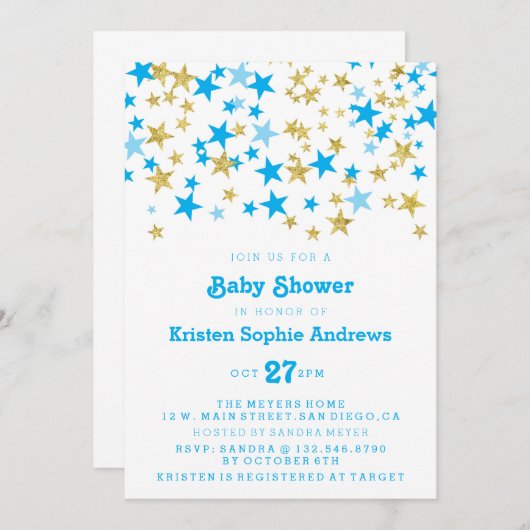 Blauwe en goudsterren Baby shower Kaart (Voorkant / Achterkant)
