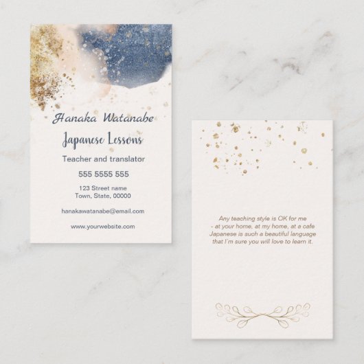 Blauwe en goudwaterverf Japanse taal TEMA Visitekaartje (Voorkant / Achterkant)