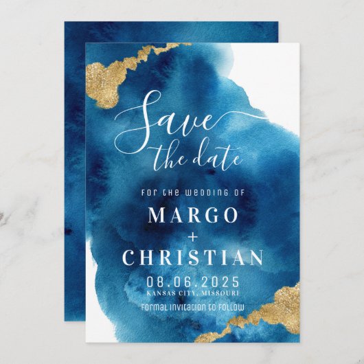 Blauwe en goudWaterverf sparen de Datum Uitnodigin Kaart (Voorkant / Achterkant)