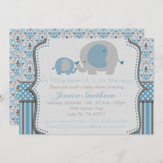 Blauwe en grijze Baby shower Kaart (Voorkant / Achterkant)