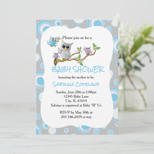 Blauwe en grijze Baby uil 🦉| Douchethema Kaart (Staand voorkant)