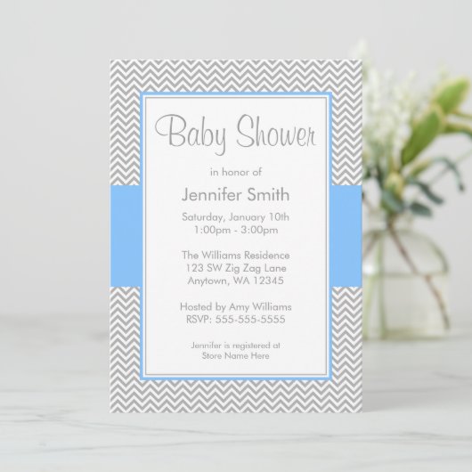Blauwe en grijze Chevron Baby Shower Invitaties Kaart (Staand voorkant)