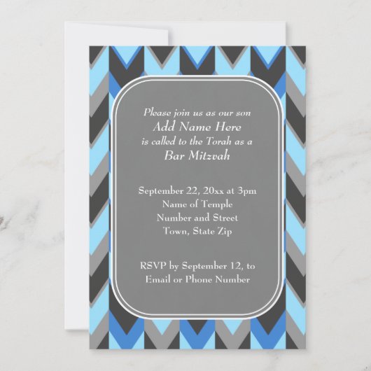 Blauwe en grijze Chevron Pattern Bar Mitzvah Kaart (Voorkant)