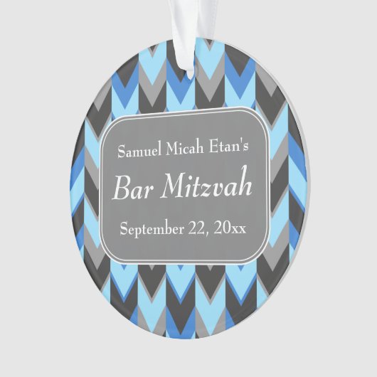 Blauwe en grijze Chevron Pattern Bar Mitzvah Ornament (voorkant)