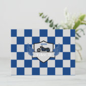 Blauwe en grijze controleur en motorfiets aankondiging (Staand voorkant)