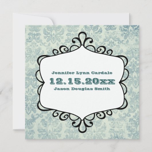 Blauwe en grijze Damask Wedding Invitations Kaart (Voorkant)