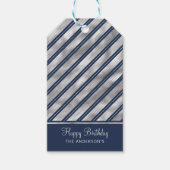 Blauwe en Grijze Glanzende Strepen Cadeaulabel (Voorkant)