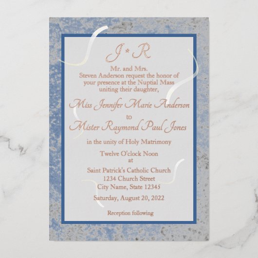 Blauwe en grijze marmer katholieke monogrammed Wed Folie Uitnodiging (Voorkant)