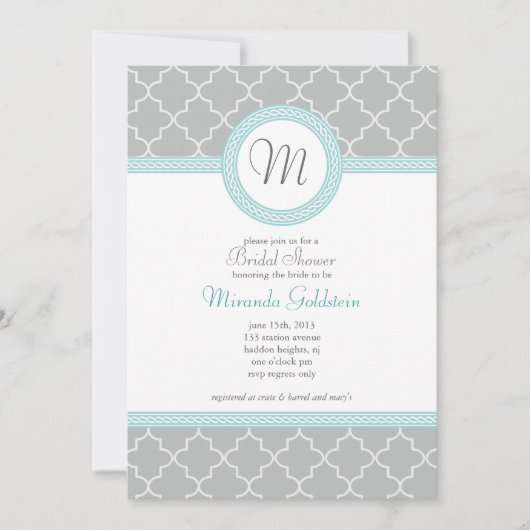 Blauwe en grijze monogram - Uitnodiging (Voorkant)